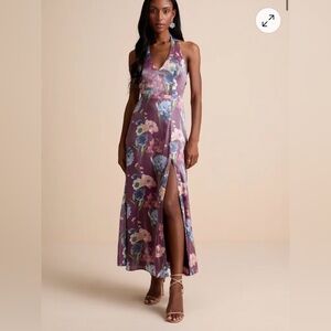 Lulus Liviana Dark Purple Floral Halter Maxi Dress Wedding Guest NWT Small